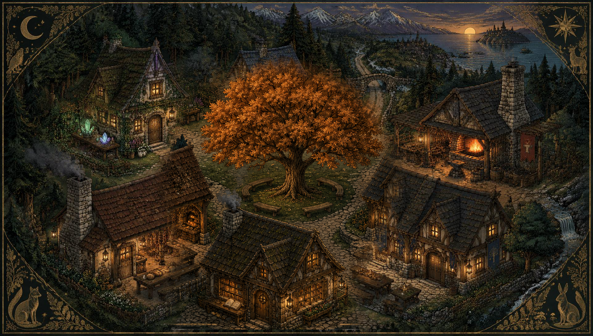 A storybook village square at twilight: six timbered cottages, including a book-lined Writer’s Cottage in the foreground, surround a graceful amber maple and gathering green with curved benches; forest, mountains, and a lake lie beyond